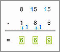 Compléter les champs correspondant au résultat d'une soustraction posée (méthode par compensation)